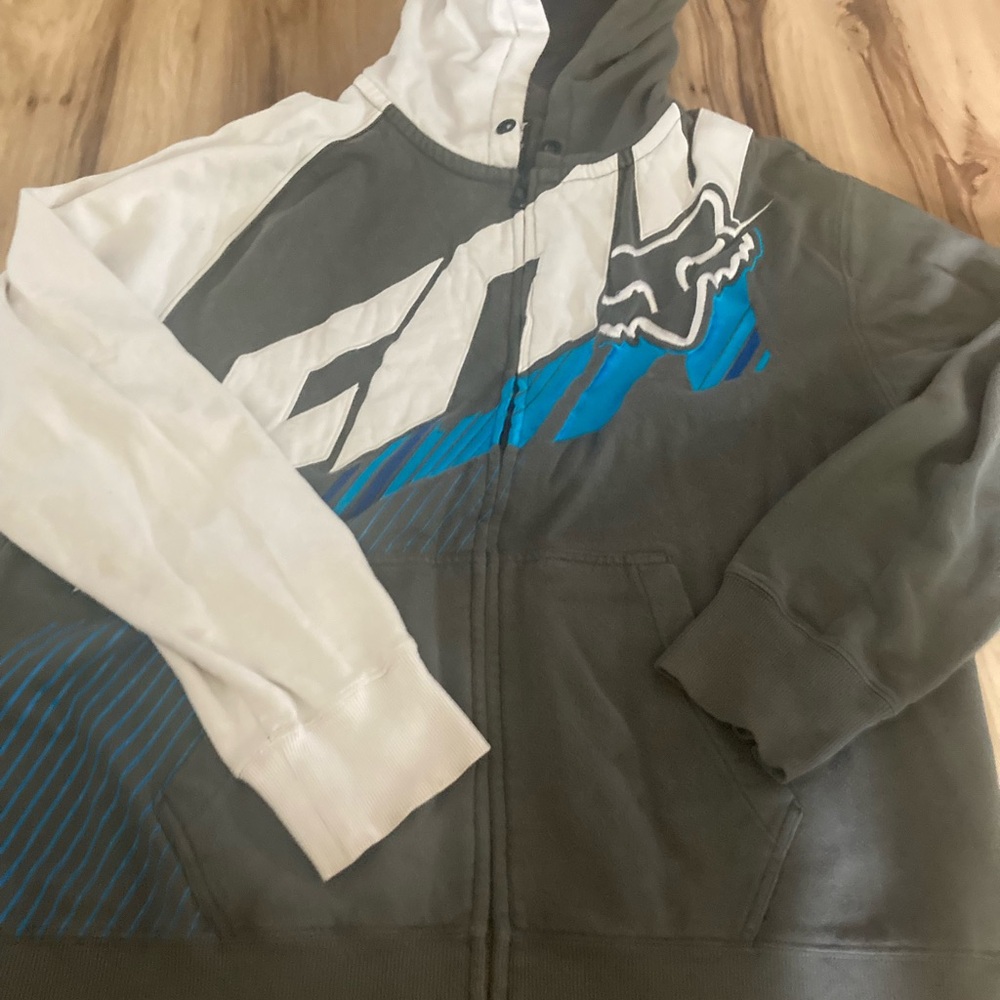Fox Racing Mens Full Zipper Hooded Jacket XL stain on white sleeve